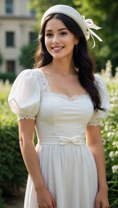 "A photo of a young woman wearing a white dress with puffy sleeves and a white hat with a ribbon. She is standing outdoors in front of a blurred background with greenery. She has long black hair and is smiling. The lighting is natural and soft, with the sun casting gentle shadows. The camera angle is eye-level, and the image is SFW. The woman has a slender build and is wearing small earrings. The dress has a gathered waist and a lace-trimmed neckline. The background is out of focus, with a mix of green and brown tones, <lora:Tifa-Lockhart-SDXL:.5>