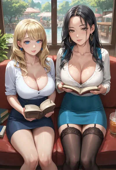 Two girls. Sexy mature american woman dark haired bangs hairstyle with brown eyes medium round tits in sexy tight blue micro dress black stockings sitting in cafe Reading a Book, thinkbubble, and sexy mature blonde long hair blue eyes in white top Medium round breast cleavage and black miniskirt