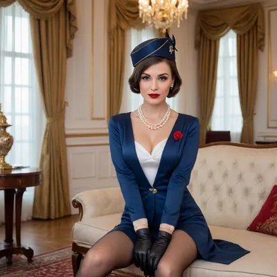 pretty stewardess in dark blue uniform, jacket is open to show black bra, dark blue feminine hat with veil, small tits, black bra, show long legs, black nylon stockings, black leather gloves, black high heels, brown short undercut hair, 40 years old, brown bright eyes, heavy makeup, red lipstick, red fingernails, luxurious living room, white couch, masterpiece, best quality, ultra HD, hyper-realistic, high res, uncensored, realistic, white big pearl necklace, golden earrings, view from afar