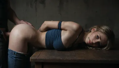 beautiful 20yo girl with a blue tank shirt is being forced to do anal sex, she has a long blonde braided hair, blue eyes, darkeyebvbrows, thick waist, wide hips, big ass, thick thighs, her massive tits are being exposed because The shirt's strap was torn, her jeans pants and her panties were pulling down to her knees and her face is lying on the table, side view, her big ass is up, being fucked for a strong guy, agony, anguish, anxiety, depression, despair, grief, pain, sadness, stress, suffering, her hands were tied behind her back, long blonde braided hair, ((her hands were tied behind her back)), rope, black, tape, gag, bondage, fat, she is skinny, ((enormous boobs)), ((narrow ass)), (skinny:1.3), <lora:Lamentations-000016:.6>, <lora:bdsm_SDXL_1_:.6>, <lora:rearpussy-xl-1.0:.6>, <lora:315758_training_data:.6>, <lora:dark:.8>