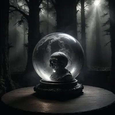middle age, close-up of a beautiful, large crystal ball belonging to a gypsy fortune teller on a small wooden old table with, (a projection inside the crystal ball of a detailed:1.5), highly detailed image, Double exposure, blurred background, next to single skull with candle on top, surrounded by a dark dusty forest, an mystic black castle, cloudy, smoke, atmospheric, clouds, fog, Black, and, white, art, black, pencil, shading, charcoal, drawing, toned, paper, brutal, dark, b/w, color, scheme, <lora:add-detail-xl:1.1>, <lora:Cloudy_Style:1.5>, <lora:Black and white art.V1:1.8>, <lora:dark:.3>