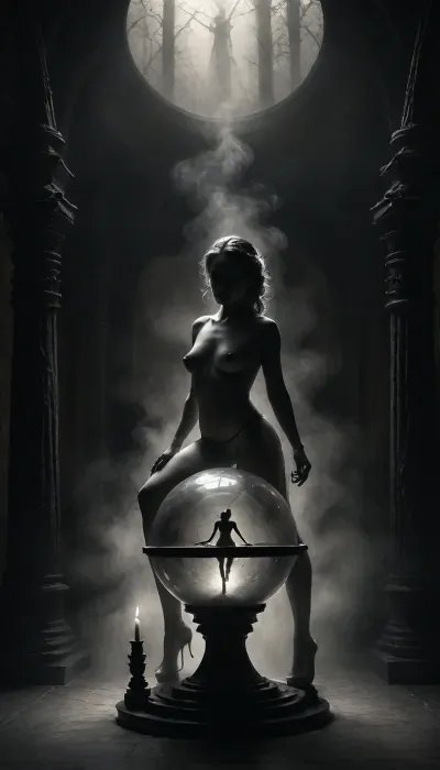 middle age, close-up of a beautiful, large crystal ball belonging to a gypsy fortune teller on a small wooden old table with, (a detailed projection inside the crystal ball of a extraordinary detailed stunning nude dancer:1.5), highly detailed image, Double exposure, blurred background, next to single skull with candle on top, surrounded by a fucking couple, (standing sex:1.4), in a dark dusty forest, an mystic black castle, cloudy, smoke, atmospheric, clouds, fog, Black, and, white, art, black, pencil, shading, charcoal, drawing, toned, paper, brutal, dark, b/w, color, scheme, <lora:add-detail-xl:1.1>, <lora:Cloudy_Style:1.5>, <lora:Black and white art.V1:1.8>, <lora:dark:.3>