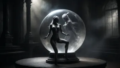 middle age, close-up of a beautiful, large crystal ball belonging to a sexy witch on a small wooden old table with, (a detailed projection inside the crystal ball of a extraordinary detailed stunning nude dancer:1.5), highly detailed image, Double exposure, blurred background, next to single skull with candle on top, surrounded by a half undressed sexy witch, (sexy witch:1.4), in a dark dusty forest, full moon, an mystic black castle, cloudy, smoke, atmospheric, clouds, fog, Black, and, white, art, black, pencil, shading, charcoal, drawing, toned, paper, brutal, dark, b/w, color, scheme, DonMSp3ctr4lXL, <lora:add-detail-xl:1.1>, <lora:Cloudy_Style:1.5>, <lora:Black and white art.V1:1.8>, <lora:dark:.3>, <lora:DonMSp3ctr4lXL-000008:1.8>