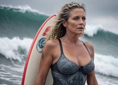 ultra-realistic, 8K HD, thick 50-years old woman, detailed face, detailed hair, deep grey eyes, large breasts, surfing on a big wave, (tattooed:.5), side view, full-length photo, looking to the viewer