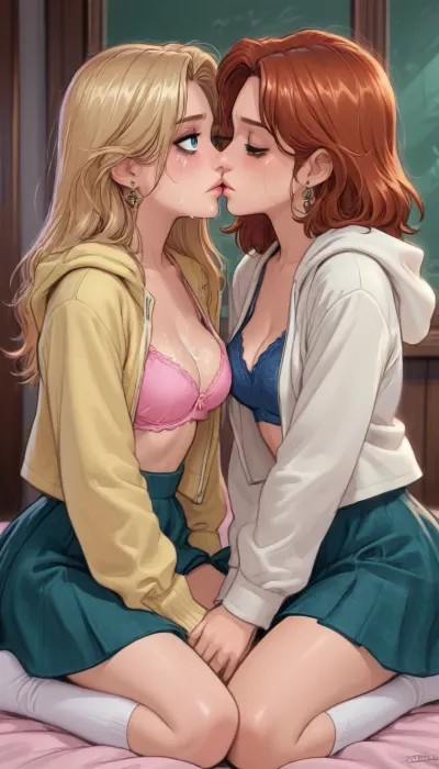 (reiq style:1), 2 women, on knees in front of you, hoodie, bra, skirt, long socks, reluctantly kissing each other, cum on faces, cum on breasts, sad, embarrassed, ruined makeup, crying, tears in eyes, Melkor Mancin artstyle, score_9, score_8_up, score_7_up, cute, doodle, ratatatat74, <lora:cutedoodle_XL-000012:1.7>, <lora:ratatatat74-000050:1.6>, <lora:outline_xl_kohaku_delta_spv5x:1.5>, <lora:cartoon_stickers_xl_v1:.8>, <lora:Back_Shot-000005:.8>