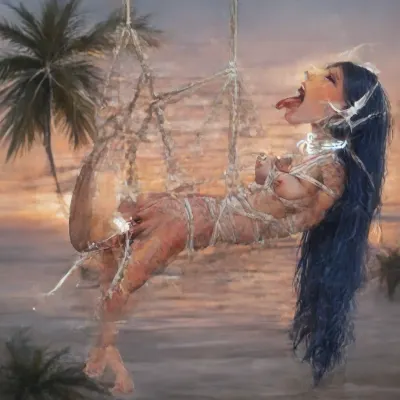 (outdoors), (beach of paradise island:1.3), ocean, white sunset, (full body view:1.4), (top side view:1.4), (((I am fucking, pussy from side:2))), blue hair, 21 y/o/f girl, (she suspended between palms:1.7), (holds ropes from sides:1.5), (white thick ropes:1.6), (suspended leaned back body:1.6), (only knees and under arms tied up:1.6), (suspended legs spread to sides down:1.7), (a lot cum from pussy:1.4), (very beautiful goddes girl:1.6), (perfect:1.5), (slim:1.5), (slender:1.6), (nacked:1.4), (insanely hot very skinny short body:1.7), (very small thin waist:1.6), (to skinny ass:1.7), (very low pelvic:1.6), (wide shoulders:1.6), (visible wide rib cage:1.6), (opened wide mouth:1.6), (tongue rounded at the end:1.6), (very long flat very wide tongue out down:1.6), (a lot of cum leaks out of her mouth:1.5), (very beautifull blonde smooth silky long hair:1.5), (fake implanted large breasts:1.6), (boobs spread apart:1.6), (dark datailed skin:1.5), (very gorgeous:1.5), (sexy:1.6), (abs:1.5), (very small areolas:1.5), (erect nipples:1.2), (nipple ring piercings:1.4), (glowing ropes around legs:1.5), (glowing white massive very oversized electronic collar device around short throat:1.6), (very beautiful thin face:1.6), (narrow cheekbones:1.3), thin beautiful eyebrows, (shaved pussy), (tattooed body:1.3), (a lot of glowing tattoos:1.4), (barcode on boob:1.2), (seductive sexy makeup:1.2), (black big long eyelashes:1.3), (smokey eyeshadow:1.1), (stunning:1.3), (dimples:1.3), (cat fake small short glowing ears:1.4), (ultra-detailed), professional colored photography, raytracing, highres, ultra-high detail, <lora:Microwaist_XL_v01:2>