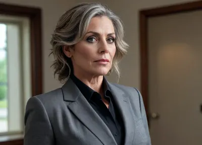 ultra-realistic, 8K HD, thick 50-years old woman, detailed face, detailed hair, deep grey eyes, large breasts, weraing business suit, clravage, (tattooed:.5), side view, full-length photo, looking to the viewer