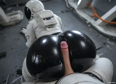 ((no face, white astronaut suit:1.3)), 5 fingers, (big ass, hyper butt:1.12), ((black rubber skin:1.45)), (mirrow astronaut helmet), assjob, (((dynamic angle view, small cock, buttjob, male pov))), night, claws, ((Open clothing)), curvy figure, female, gloves claws, purple glowing Metallic anus, pressing butt, gloves, outie, navel, voluptuous body
