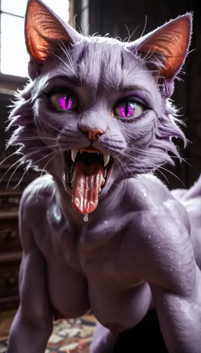 high detail, realistic, 4k, nude, (sexy gothic woman, (anthro cat woman:1.2982)), (makeup), (intense mindless gaze), (possessed), (intensely drooling), (sticking her cat tongue out, (cat tongue texture)), (detailed cat pussy), fangs, sharp claws, (light purple cat eyes), uberfit, muscular, from, side, human, on, anthro, feral, <lora:SDXL_Human_Male_Furry_Female:.8>, <lora:Stunning_eyes_2:.8>