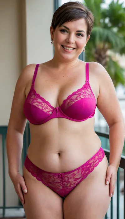 woman, American, 65 year old woman, pretty face, age lines, round face, square jawline, chubby cheeks, big smile, perfect lips, big brown eyes, on hotel balcony, hotel beach resort, pov, wearing magenta colored lace bra, ((big lace bra)), lace trim, wearing magenta colored brief style panty, leg holes of panty are high cut, ((French cut panty)), full-length photo, sexy, large breasts, double D-cup breasts, ((big breasts:1)), voluptuous figure, plump, chubby, round thick hips, ((big hips:1.5)), big thick thighs, ((thick thighs:1)), blushed face, horny, textured skin, very short pixie cut brown hair, ((very short hair)), <lora:chest_adjust:2>