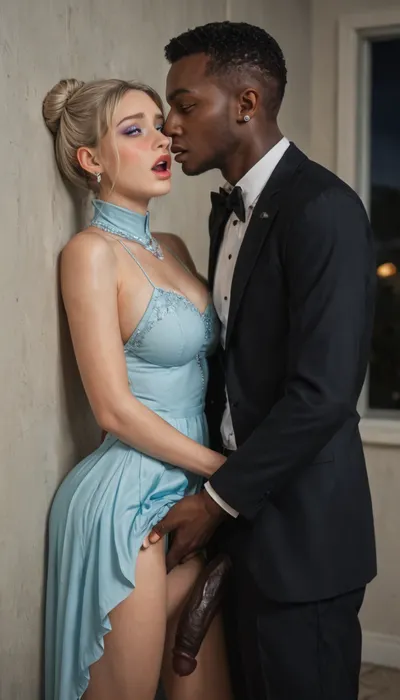 8k, uhd, photorealistic, ((interracial)), (night time:1), (dark penthouse room), (romantic lighting:1.1), (glistening skin:1.2), beautiful platinum blonde, (columbian), (tanned skin), 28 yo, straight hair, (voluptuous), (passionate, pleasure:1.4), (open mouth:1.2), (shocked:.8), (large eyes:.9), high fancy hairbun, full lips, thick lips, (blushing:1.1), (bubble butt:1), (tiny waist:1), (wide hips:1), legs apart, (high collar dress, pleated dress, dress lifted:1.1), (sheer thong:1), makeup, lean strong man in full tuxedo, standing, (pushed against wall:1), (fingering), eye contact, (big veined cock), (cock visible:1), (cock pressed against her body), crowded dinner party, masterpiece, ultra detailed face, <lora:KawaiiMakeupXLv2:.6>, <lora:Vivid Midjourney mimic - XL SDXL v2.0:.8>