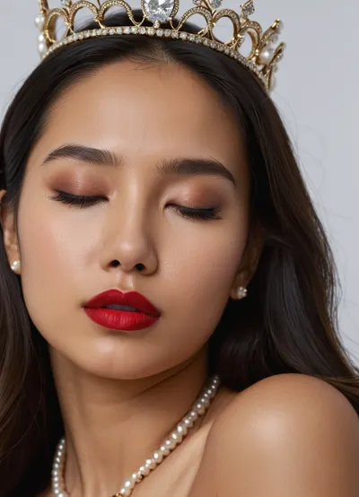 Passport photo, A 22 years old Malaysian woman, small breasts, brunette, naked, long hair, Black color hair, red lips, hyperrealistic photo, white background, Full HD, 8K, front body view, virgin pussy, wearing transparent black pantyhose, diamond tiara, pearl necklace, transparent black long gloves, below view, focus pussy, pussy close up view, eyes closed, sad, sorrow, facial, expression, <lora:Expressions XL:.8>