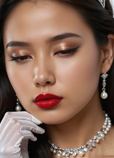 Passport photo, A 22 years old Malaysian woman, small breasts, brunette, naked, long hair, Black color hair, red lips, hyperrealistic photo, white background, Full HD, 8K, front body view, virgin pussy, wearing transparent black pantyhose, diamond tiara, pearl necklace, transparent black long gloves, below view, focus pussy, pussy close up view, eyes closed, sad, sorrow, facial, expression, <lora:Expressions XL:.8>