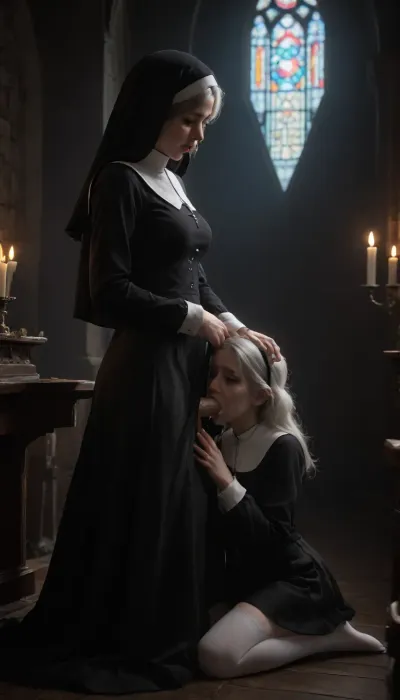 mature_futanari_granny_with_an_innocent_girl, 55_years_old, futanari, penis, medium_breasts, breasts open, skirt up, semen, very_big_cumshot, vintage_long_stockings, girl kneeling, futanari_standing, clothes open, futa granny dominates an innocent girl, girl sucks dick on her knees, futa blows dick in girl's mouth, closed_eyes, testicles, erection, ((girl_gives_blowjob)), girl in monastic_cassock, gray_hair, skirt, miniskirt, medium_length_hair, big_ass, futa with girl, girl sucks futa, girl gives blowjob, very_big_thick_thighs, very_thick_thighs, nun's_cassock, open_mouth, cum_in_girl's_mouth, gothic_church_inside, candles, long_sleeves, ejaculation, futanari_with_a_girl, moaning, hug, realistic, lifted_skirt, runny_makeup, (makeup smeared from tears), tears, (crying), embarrassment, blush, orgasm facial expression, ruined makeup, flowing tears, wrinkles on face, cum on thighs, cum on clothes, nun's headdress, gothic_night_church, dark_church, center aisle, (red-blue neon lighting), <lora:fog_creatures_v4:2>, <lora:dark:2>