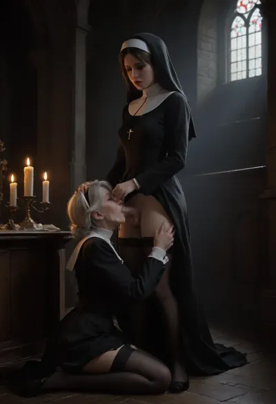 mature_futanari_granny_with_an_innocent_girl, 55_years_old, futanari, penis, medium_breasts, breasts open, skirt up, semen, very_big_cumshot, vintage_long_stockings, girl kneeling, futanari_standing, clothes open, futa granny dominates an innocent girl, girl sucks dick, futa blows dick in girl's mouth, closed_eyes, testicles, erection, ((girl_gives_blowjob)), girl in monastic_cassock, gray_hair, skirt, miniskirt, medium_length_hair, big_ass, futa with girl, girl sucks futa, girl gives blowjob, very_big_thick_thighs, very_thick_thighs, nun's_cassock, open_mouth, cum_in_girl's_mouth, gothic_church_inside, candles, long_sleeves, ejaculation, futanari_with_a_girl, moaning, hug, realistic, lifted_skirt, runny_makeup, (makeup smeared from tears), tears, (crying), embarrassment, blush, orgasm facial expression, ruined makeup, flowing tears, wrinkles on face, cum on thighs, cum on clothes, nun's headdress, gothic_night_church, dark_church, center aisle, (red-blue neon lighting), <lora:fog_creatures_v4:2>, <lora:dark:2>