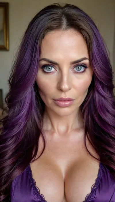 mature, raunchy, milf, long purple wavy hair, facial wrinkles, skinny, busty, serious, evil, bright eyes, symetric eyes, perfect eyes, beautiful eyes, looking into camera, bmbplora, <lora:bimboxl_02:1>