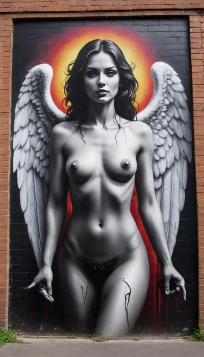 Street Art, Mural, Spray Paint, Tones of Black, High Contrast, Ultra-HD, Angelic, Evil, Powerful, Natural Lighting, Reflective, Polished, Brick, Aerosol
