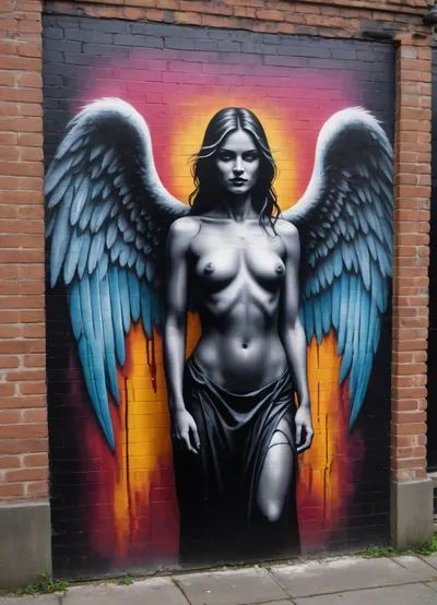 Street Art, Mural, Spray Paint, Tones of Black, High Contrast, Ultra-HD, Angelic, Evil, Powerful, Natural Lighting, Reflective, Polished, Brick, Aerosol