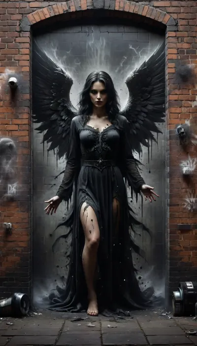 Street Art, Mural, Spray Paint, Tones of Black, High Contrast, Ultra-HD, Angelic, Evil, Powerful, Natural Lighting, Reflective, Polished, Brick, Aerosol, ais-darkpartz, dark, fantasy, <lora:Dark_Particles_Style_SDXL:2>, <lora:dark_fantasy_art:2>