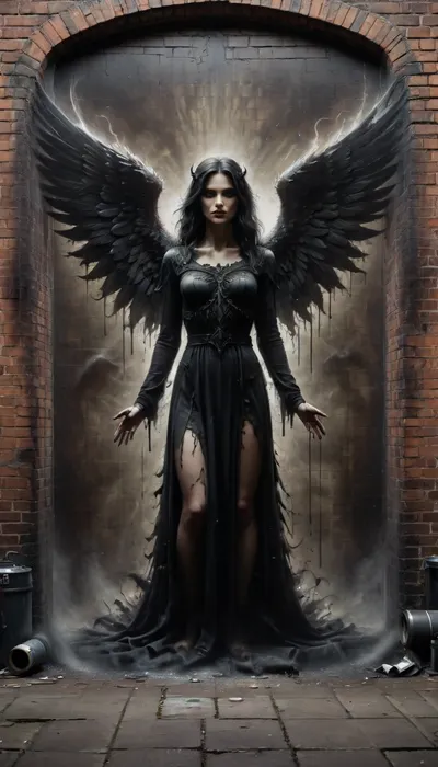 Street Art, Mural, Spray Paint, Tones of Black, High Contrast, Ultra-HD, Angelic, Evil, Powerful, Natural Lighting, Reflective, Polished, Brick, Aerosol, ais-darkpartz, <lora:Dark_Particles_Style_SDXL:2>, dark, fantasy, <lora:dark_fantasy_art:.8>