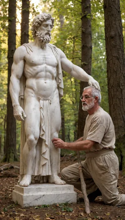 A masterpiece of the highest quality, ultra-detailed in 8K, with a sharp and flawless focus., (A sculptor creates a marble statue in a sacred grove of ancient Greece.), (A man, Phidias, the sculptor:1.2), . Ancient Greece. A sculptor creates a marble statue in the Sacred Grove. The 70-year-old man, stooped, with tired eyes, leaden hair, and a deteriorating body, skillfully chisels the marble statue into shape. The elderly sculptor works with precision, (chiseling a marble statue:1.3), . Sil, veins of quartz that gleam in the center. Marble curves, a sacred olive grove in the background with the golden rays of the sunset filtering through the twisted trunks, mossy ground scattered with fallen petals and an altar of incense, ethereal atmosphere.