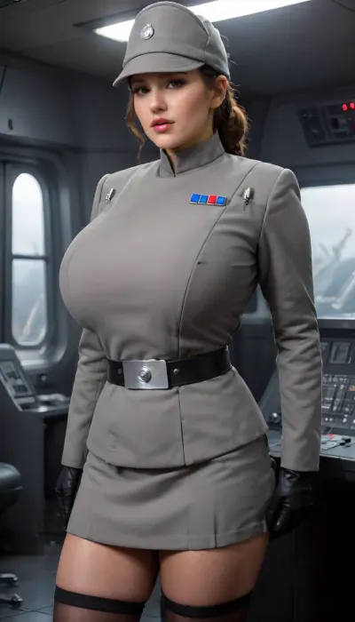 (5girls:1.9), (group of women:1.9), (4, 5, 6, 7 women:1.5), several women officers, standing side by side, view from side, (wearing a female imperial officer grey uniform with Extremely massive breast bulge, officer cap, Micro mini skirt, stockings:1.5), she has her hair in a bun, super busty hourglass figure, (super massive breasts:1.3), (deep cleavage:1.6), Tight waist, super wide huge hips, Slightly chubby, (hands behind back:1.3), in a sci-fi ship control room, dark interior, (huge window showing star wars ships outside:1.2), large glass window, cinematic, film grain, (cinematic still), 20mm photograph, film, 4k, highly detailed, (atmosphere), (haze), soft ambient lighting, huge, breasts, massive, Imperial, officer, wearing, a, (color), uniform, TIE, fighter, <lora:bboobs-000005:2>, <lora:SDXL_MassiveCowsLoRA_v1:1.2>, <lora:Imperial Officer:.2>, <lora:TIE fighter:.6>