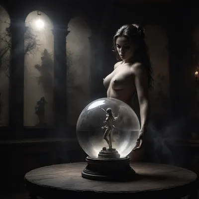 middle age, close-up of a beautiful, large crystal ball belonging to a gypsy fortune teller on a small wooden old table with, (a projection inside the crystal ball of a detailed stunning nude dancer:1.5), highly detailed image, Double exposure, blurred background, next to single skull with candle on top, surrounded by a dark dusty forest, an mystic black castle, cloudy, smoke, atmospheric, clouds, fog, Black, and, white, art, black, pencil, shading, charcoal, drawing, toned, paper, brutal, dark, b/w, color, scheme, <lora:add-detail-xl:1.1>, <lora:Cloudy_Style:1.5>, <lora:Black and white art.V1:1.8>, <lora:dark:.3>