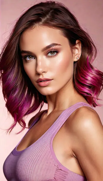 Create a ultra high-definition full-body portrait of a strikingly beautiful woman with an alluring, confident expression. FACIAL FEATURES & EXPRESSION, Sharp, chiseled facial structure with perfectly sculpted cheekbones and a defined jawline. Large, luminous eyes with a seductive, confident gaze directly toward the viewer. Perfectly shaped arched eyebrows. Full, luscious lips with a subtle, confident smirk. Flawless, porcelain-like skin with a soft, radiant complexion and subtle highlights on cheekbones and nose. HAIR, Shoulder-length to mid-back length flowing hair in a vibrant gradient of pink and purple tones, blending from hot pink roots to deep purple ends. Voluminous waves with lustrous shine. Half of the hair swept over one shoulder, creating an elegant frame around the face, while the other side flows freely down the back.

MAKEUP, Expertly applied makeup featuring smoky eye shadow in complementary purple and pink tones, subtly matched to the hair color. Defined winged eyeliner. Well-blended contouring enhancing facial structure. Natural yet glamorous lip color.

BODY & POSE, Seated position with one arm raised behind the head in a relaxed, confident pose. The other arm rests casually. Lean, toned physique clearly visible. Positioned at a three-quarter angle showing depth and dimension.

CLOTHING, Fitted, minimalist grey ribbed crop top or sports bra that hugs the body perfectly, showing defined waist and midriff. Grey ribbed or fitted shorts/bottom matching the top, sitting at natural hip height. Minimal, sleek jewelry, a delicate bracelet visible on one wrist.

CAMERA & PERSPECTIVE, Shot from mid-torso up to just above the head, professional studio-style composition. Slight angle from above to accentuate facial features and body contours. Shallow depth of field with sharp focus on the subject, subtle soft background blur.

LIGHTING, Dramatic, modern neon-inspired lighting setup. Soft, cool-toned purple and pink accent lighting illuminating the face from the front and sides, creating a ethereal glow. Rim lighting around the hair creating a luminous halo effect. Subtle warm accent lighting catching the skin and clothing, emphasizing texture and dimension. Volumetric lighting with atmospheric effects. High-end professional photography lighting.

BACKGROUND & SETTING, Modern, minimalist interior setting with sleek architectural elements. Soft, blurred bokeh lights in purple and pink tones creating depth. Contemporary urban environment with subtle geometric shapes. Clean, sophisticated aesthetic. Bright, well-lit atmosphere with tech-forward ambiance.

OVERALL STYLE, High-fashion editorial photography. Celebrity-quality portrait. Cinematic lighting. Professional commercial photography standards. Ultra-realistic, highly detailed, photorealistic rendering. 8K quality.