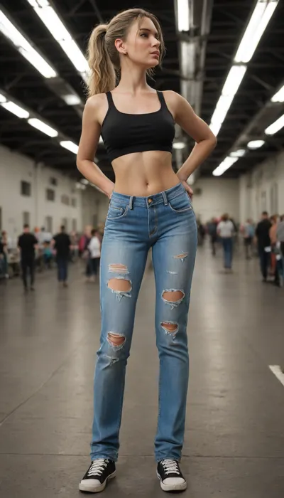 masterpiece, photorealistic, maximum details, an extremely beautiful young woman, massive boobs, blonde shaved pussy, side view, very slim waist, long straight blonde hair tied to a ponytail, twerking, pussy, legs wide spread, wearing torn ripped baggy pants and extremely short baggy tanktop, underboobs, full body, crowded airport