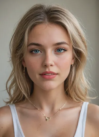 Natalii amateur Use face my wife ? Natalii 24-years-old Ukrainian woman, blonde hair, Photo galery Natalii -
https, //www.deviantart.com/natalii24hot
"A photorealistic close-up portrait of a young Caucasian woman exactly 25 years old with an oval face shape, fair porcelain skin with subtle natural blush and flawless texture, high defined cheekbones, soft rounded chin, and gentle jawline without sharpness. Her eyes are large and slightly wide-set almond-shaped with light blue-gray irises, thick dark upper eyelashes, thinner lower lashes, subtle black eyeliner on upper lids only, and neutral eyeshadow for a natural look, (eyes:1.3), . Eyebrows are medium-thick, naturally arched with a soft curve, dark blonde to light brown in color, starting fuller at the inner corners and tapering outward, (eyebrows:1.2), . Nose is straight and medium-length with a smooth bridge, slightly rounded tip, small nostrils, and no flare, (nose:1.2), . Lips are full and plump with a defined cupid's bow, upper lip slightly thinner than lower, painted in matte deep red lipstick, forming a subtle confident smile revealing a hint of straight white teeth and faint dimples on cheeks, (lips:1.3), . Hair is shoulder-length dirty blonde with warm honey highlights and subtle darker roots, straight at the top transitioning to soft loose waves at the ends, parted off-center to her left, (viewer's right), with a few strands softly framing the face and falling over the forehead, (hair:1.2), . She wears a small solitaire diamond ring on her right ring finger, a gold chain-link watch with white face on her left wrist, and a thin silver bracelet just below it. Expression is playful yet composed, with a direct engaging gaze at the viewer, head tilted slightly to her right. Ultra-detailed facial features, exact replication of proportions and symmetry, no distortions or variations, photorealistic, 8k resolution, sharp focus on face, realistic skin pores and subtle freckles absent, identical to reference image."