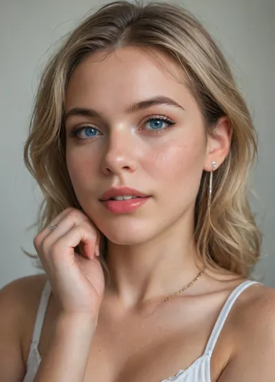 Natalii amateur Use face my wife ? Natalii 24-years-old Ukrainian woman, blonde hair, Photo galery Natalii -
https, //www.deviantart.com/natalii24hot
"A photorealistic close-up portrait of a young Caucasian woman exactly 25 years old with an oval face shape, fair porcelain skin with subtle natural blush and flawless texture, high defined cheekbones, soft rounded chin, and gentle jawline without sharpness. Her eyes are large and slightly wide-set almond-shaped with light blue-gray irises, thick dark upper eyelashes, thinner lower lashes, subtle black eyeliner on upper lids only, and neutral eyeshadow for a natural look, (eyes:1.3), . Eyebrows are medium-thick, naturally arched with a soft curve, dark blonde to light brown in color, starting fuller at the inner corners and tapering outward, (eyebrows:1.2), . Nose is straight and medium-length with a smooth bridge, slightly rounded tip, small nostrils, and no flare, (nose:1.2), . Lips are full and plump with a defined cupid's bow, upper lip slightly thinner than lower, painted in matte deep red lipstick, forming a subtle confident smile revealing a hint of straight white teeth and faint dimples on cheeks, (lips:1.3), . Hair is shoulder-length dirty blonde with warm honey highlights and subtle darker roots, straight at the top transitioning to soft loose waves at the ends, parted off-center to her left, (viewer's right), with a few strands softly framing the face and falling over the forehead, (hair:1.2), . She wears a small solitaire diamond ring on her right ring finger, a gold chain-link watch with white face on her left wrist, and a thin silver bracelet just below it. Expression is playful yet composed, with a direct engaging gaze at the viewer, head tilted slightly to her right. Ultra-detailed facial features, exact replication of proportions and symmetry, no distortions or variations, photorealistic, 8k resolution, sharp focus on face, realistic skin pores and subtle freckles absent, identical to reference image."