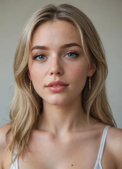 Natalii amateur Use face my wife ? Natalii 24-years-old Ukrainian woman, blonde hair, Photo galery Natalii -
https, //www.deviantart.com/natalii24hot
"A photorealistic close-up portrait of a young Caucasian woman exactly 25 years old with an oval face shape, fair porcelain skin with subtle natural blush and flawless texture, high defined cheekbones, soft rounded chin, and gentle jawline without sharpness. Her eyes are large and slightly wide-set almond-shaped with light blue-gray irises, thick dark upper eyelashes, thinner lower lashes, subtle black eyeliner on upper lids only, and neutral eyeshadow for a natural look, (eyes:1.3), . Eyebrows are medium-thick, naturally arched with a soft curve, dark blonde to light brown in color, starting fuller at the inner corners and tapering outward, (eyebrows:1.2), . Nose is straight and medium-length with a smooth bridge, slightly rounded tip, small nostrils, and no flare, (nose:1.2), . Lips are full and plump with a defined cupid's bow, upper lip slightly thinner than lower, painted in matte deep red lipstick, forming a subtle confident smile revealing a hint of straight white teeth and faint dimples on cheeks, (lips:1.3), . Hair is shoulder-length dirty blonde with warm honey highlights and subtle darker roots, straight at the top transitioning to soft loose waves at the ends, parted off-center to her left, (viewer's right), with a few strands softly framing the face and falling over the forehead, (hair:1.2), . She wears a small solitaire diamond ring on her right ring finger, a gold chain-link watch with white face on her left wrist, and a thin silver bracelet just below it. Expression is playful yet composed, with a direct engaging gaze at the viewer, head tilted slightly to her right. Ultra-detailed facial features, exact replication of proportions and symmetry, no distortions or variations, photorealistic, 8k resolution, sharp focus on face, realistic skin pores and subtle freckles absent, identical to reference image."