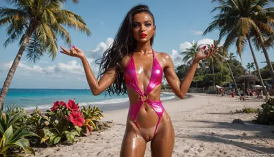 Gergeous naked petite young woman 18 years old, ((skinny)), (girly petite female:1.2), ((Hawaiian girl)), (extremly beautiful girl), (very detailed eyes, brows and eyelashes), ((very long black hair)), ((skinny:1.2)), ((oiled skin)), ((dark tan skin:1.5), full make up, red lipstick, blue eyeshadow, pink nailpolish, (detailed bright blue eyes), perfect and detailed hands and fingers, seducive horny pose, looking at the camera and try to seduce you, (unshaved trimmed pussy), (beautiful pink vagina), fisnet swim suit, standing on a beautiful tropical beach with palm treesand a blue sky, ((Masterpiece, highest quality, 8k, finest details)), ((front view)))