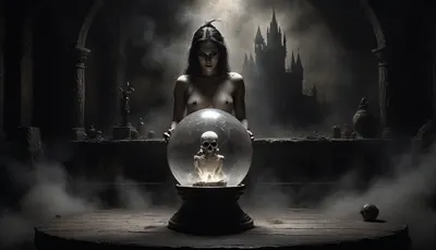 middle age, close-up of a beautiful, large crystal ball belonging to a sexy witch on a small wooden old table with, (a detailed projection inside the crystal ball of a extraordinary detailed stunning nude dancer:1.5), highly detailed image, Double exposure, blurred background, next to single skull with candle on top, surrounded by a half undressed sexy witch, (sexy witch:1.4), perfect face, perfect hands, in a dark dusty forest, full moon, an mystic black castle, cloudy, smoke, atmospheric, clouds, fog, Black, and, white, art, black, pencil, shading, charcoal, drawing, toned, paper, brutal, dark, b/w, color, scheme, duel, magical, fire, magic, spell, fireball, element, water, ball, orb, air, wind, earth, rock, plant, sand, <lora:add-detail-xl:1.1>, <lora:Cloudy_Style:1.5>, <lora:Black and white art.V1:1.8>, <lora:dark:.3>, <lora:Magical duel - SDXL v2.0:1.4>