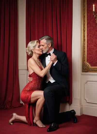 A mature woman in a gala dress kneels in front of a mature man in a tuxedo, the man leans his shoulder against the wall, blowjob, in a corner of the dance hall, red curtains.