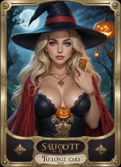 Tarot legendary card. Detailed decorated golden frame., A tall slender very beautiful witch in black laces transparent dress, cleavage, very long blonde hair, slutty smile, small witch hat, High detail, excellent image quality, big meaningful blue eyes, long fake eyelashes, very big lips glossy red, color eyeliners, ultra heavy makeup, night, moonlight, black cat, Halloween pumpkin lantern, (tarot cards:1.9), candles, open red cloak, sapphire necklace, golden bracelets, reiq style, <lora:detailed_notrigger:.7>