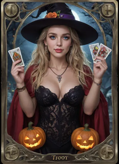 Tarot legendary card Blonde Witch. Detailed decorated golden frame, A tall slender very beautiful witch in black laces transparent dress, cleavage, very long blonde hair, slutty smile, small witch hat, High detail, excellent image quality, big meaningful blue eyes, long fake eyelashes, very big lips glossy red, color eyeliners, ultra heavy makeup, night, moonlight, bats, Halloween pumpkin lantern, (tarot card:1.9), candles, open red cloak, sapphire necklace, golden bracelets, <lora:detailed_notrigger:.7>
