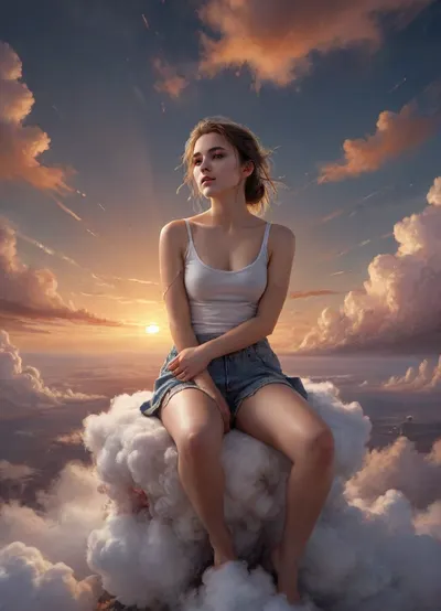 Art by WLOP, Cushart, Carne Griffiths, a young woman sitting on a cloud, dreamy atmospheric lighting, ethereal, serene, captivating composition, beautiful color palette, rough brushstrokes, sunset, above the clouds, dark, theme, <lora:nLora_XL:.8>, <lora:NaturalBodyV2.0:1.5>, <lora:Hegre-Nude_woman-000001:.8>