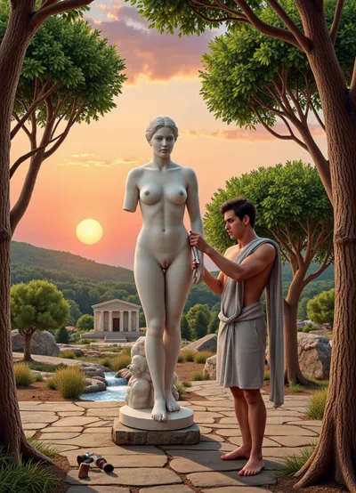 An ancient Greek sacred grove at sunset. Centuries-old laurel trees surround, (a marble statue of the goddess Aphrodite, which is being created by an ancient Greek sculptor dressed in a chiton:1.2), (he is creating the statue with a chisel in his hands:1.4), with tools lying nearby. In the background, the facade of a small Doric temple is visible. A stone stream murmurs nearby. The sky is painted in warm orange and pink tones. Classical style, detailed drawing, epic landscape. Detailed
image, high resolution, 8K