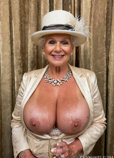 Stacked old grandmother got oversized massive breasts, real lusty granny, perfect face and body, exposed wrinkled face, colored blazer, uninhibited granny, makeup and jewels, wedding hat, wedding party background, champagne glass High detailed photo, high quality photo, portait, photo booth