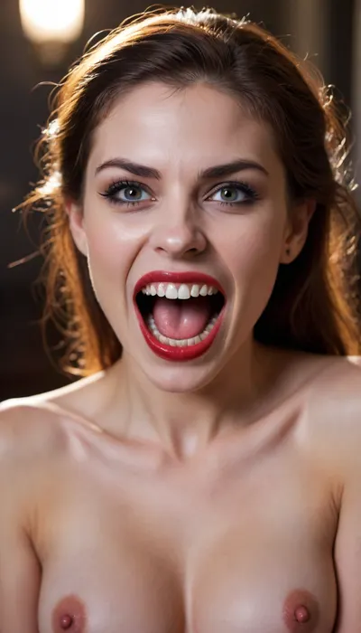 Nude vampire woman, White teeth, big vampire fangs