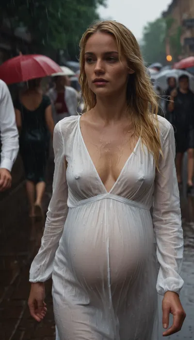 girl 25yr, blond, walking, in s street full of people, white cotton dress completely soaked by the pouring rain, small tits and pussy clearly visible through the wet dress, embarresed, pregnant
