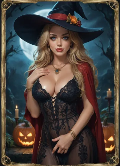 Tarot arcane legendary card Blonde Witch. Detailed decorated golden frame, A tall slender very beautiful witch in black laces transparent dress, cleavage, very long blonde hair, slutty smile, small witch hat, High detail, excellent image quality, big meaningful blue eyes, long fake eyelashes, very big lips glossy red, color eyeliners, ultra heavy makeup, night, moonlight, bats, Halloween pumpkin lantern, candles, open red cloak, sapphire necklace, golden bracelets, reiq style, <lora:detailed_notrigger:.7>, <lora:edrtcard:2>