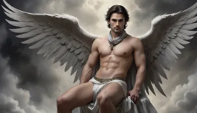 A very detailed nude, sexy, masculine male angel with detailed huge white angel wings sits lasciviously on a cloud, (a bulging silk scarf over the hips:1.4), perfect hands, perfect face, perfect legs, perfect feet, perfect cock, longing view, silent smile, from, below, shoes, delicate, detailed, eyes, Gustave, Doré, Style, page, Black, and, white, art, black, pencil, shading, charcoal, drawing, toned, paper, brutal, dark, b/w, color, scheme, <lora:Cloudy_Style:.5>, <lora:underanglexl16:1.1>, <lora:Gustave Dore Style:.7>, <lora:Black and white art.V1:1.4>, <lora:bulgev1-beta:.8>