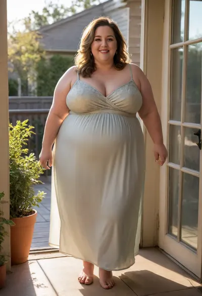 (mature:1.5), (obese:1.5), Lu stands in the doorway leading inside, one hand on the frame, the other on her hip. Her large belly and hips are softly outlined by the sheer dress, glowing in the sunlight. She glances back with a bold, flirtatious smile. Full-body shot from behind, viewer seated on the patio. Natural golden hour light, photorealistic, ultra-detailed.