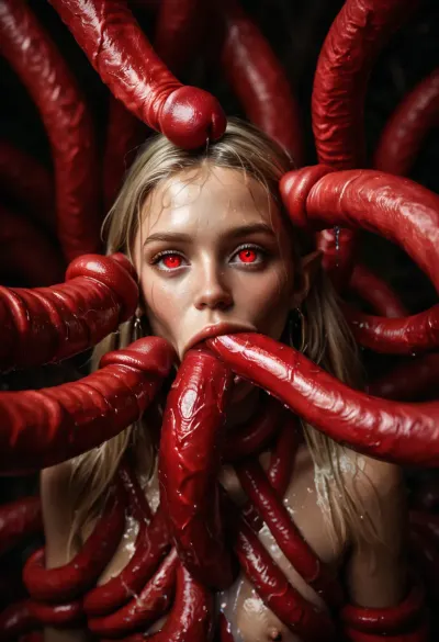 (maximum details:1.5), extreme closeup on tentacles entering a girl's mouth and keep moving inside her, keep on moving, further and further inside the girl, very cute obedient 18 yo petite blonde girl, in dark thick woods at night, ((bright red seamless tentacles with pointy ends gang bang the girl:1.4)), ((oral penetration:1.4)), thick saliva threads, blonde wet hair, extra cute, extremely pretty, cute round face and gorgeous face structure, gorgeous model face, ((wet hair)), (cinematic masterpiece), naughty aesthetic, insatiable beauty, <lora:dark:.8>