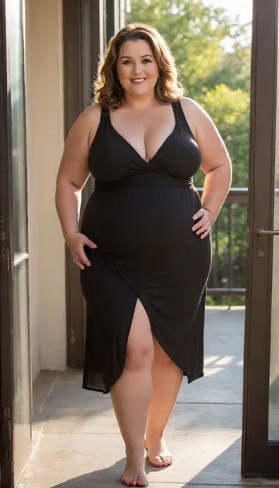 (mature:1.5), (obese:1.5), Lu stands in the doorway leading inside, one hand on the frame, the other on her hip. Her large belly and hips are softly outlined by the black sheer dress, glowing in the sunlight. She glances back with a bold, flirtatious smile. Full-body shot from behind, viewer seated on the patio. Natural golden hour light, photorealistic, ultra-detailed.