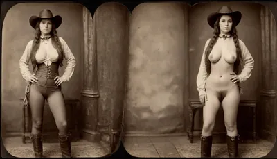1870s, (((1870s beautiful female cowgirl))), amateur model, beautiful face, amateur photo, brunette hair, attractive, 28 years old, (((picture taken with Daguerreotype camera:1.5))), (large natural boobs:1.1), natural boobs, (hairy pussy:1.4), (full body in view), straight hair, ponytail hairdo, (same person, same pose, same angle), (2Split screens, 2split views, onoff:1.2), (wearing 1870s cowgirl outfit), (western town background), BREAK, <lora:OnoffXL_ExtraCrispy:1.1>