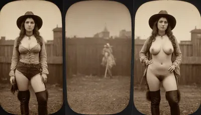 1870s, (((1870s beautiful female cowgirl))), amateur model, beautiful face, amateur photo, brunette hair, attractive, 28 years old, (((picture taken with Daguerreotype camera:1.5))), (large natural boobs:1.1), natural boobs, (hairy pussy:1.4), (full body in view), straight hair, ponytail hairdo, (same person, same pose, same angle), (2Split screens, 2split views, onoff:1.2), (wearing 1870s cowgirl outfit), (western town background), BREAK, <lora:OnoffXL_ExtraCrispy:1.1>
