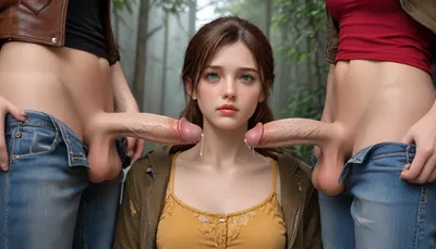 photorealistic, ultra realistic, 8k, extreme close-up on Ellie’s small soft petite futanari penis centered in frame, fully covered in thick warm cum, cum dripping down shaft, pooling on small balls, glistening with fresh semen and precum, Anna’s small soft futanari penis on the far right, red hair strands visible, torn yellow dress fabric, ejaculating thick loving ropes of semen directly onto Ellie’s cum-covered penis, maternal devotion in every stream, Dina’s small soft futanari penis on the far left, dark brown ponytail strands, ripped brown jacket, ejaculating supportive cum arcs from the side, abundant thick viscous cum in motion, detailed strands connecting all three penises, warm cum coating Ellie’s shaft like a blanket, very feminine bodies at frame edges, soft fair skin, full round breasts, curvy hips, delicate hands, Ellie, auburn messy ponytail, torn green hoodie unzipped, jeans pulled down, subtle tattoo on forearm nearby, Anna, loose red hair, torn camouflage jacket over yellow dress pulled aside, Dina, warm fair skin, black tank top pushed up, background, sunny overgrown Jackson Wyoming outskirts, golden sunlight through ruined buildings and green vines, warm cinematic glow, symmetrical composition, no faces, focus only on Ellie’s cum-drenched penis and the two side streams